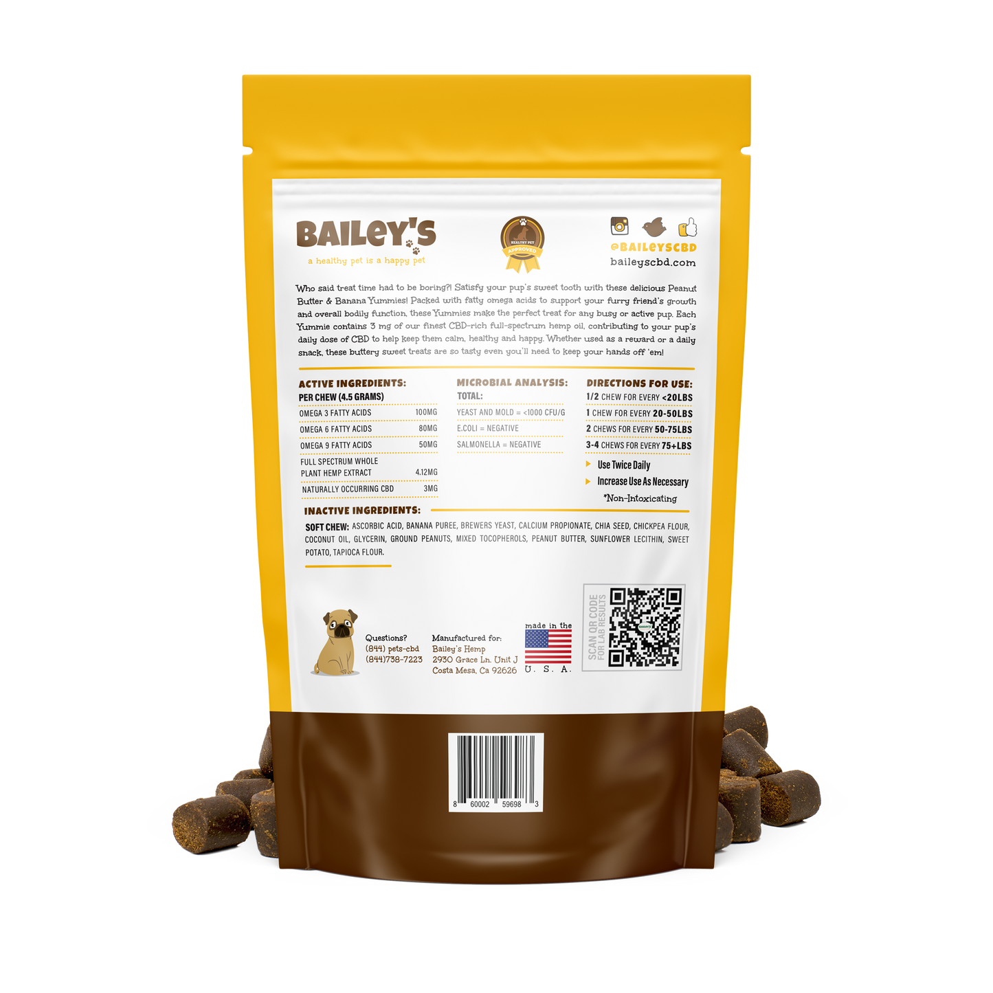 Bailey's Peanut Butter & Banana Yummies! 30 Count Bag w/ 3MG CBD Per Chew