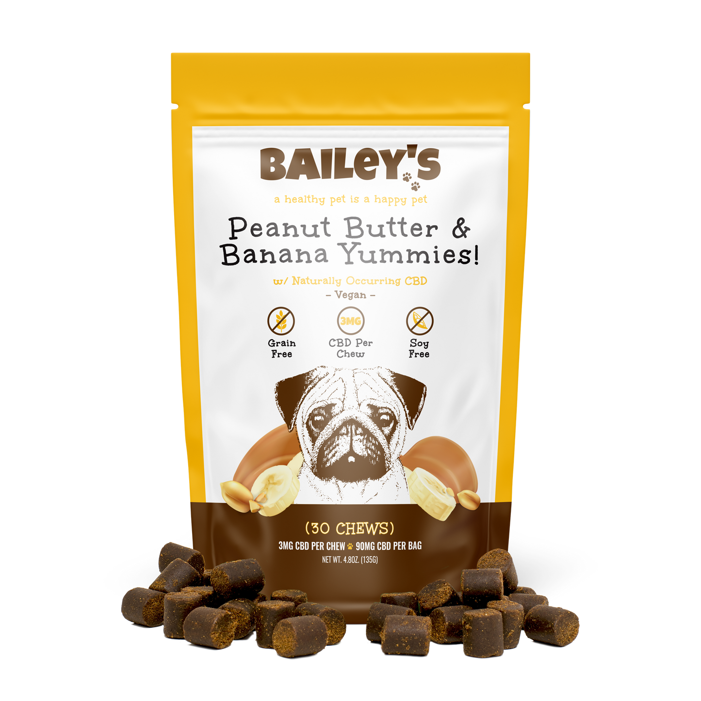 Bailey's Peanut Butter & Banana Yummies! 30 Count Bag w/ 3MG CBD Per Chew